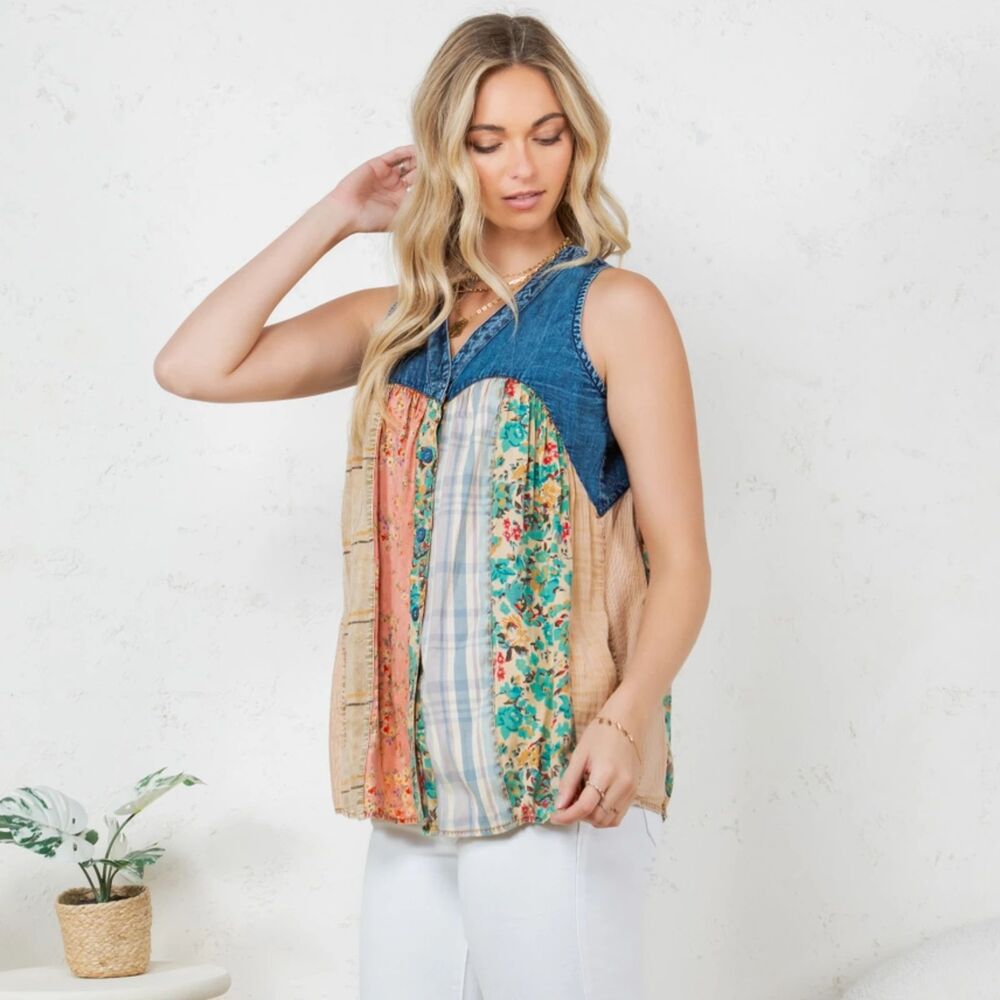 Young Threads Chic V-Neck Front-Open Top with Artistic Patchwork Size Medium